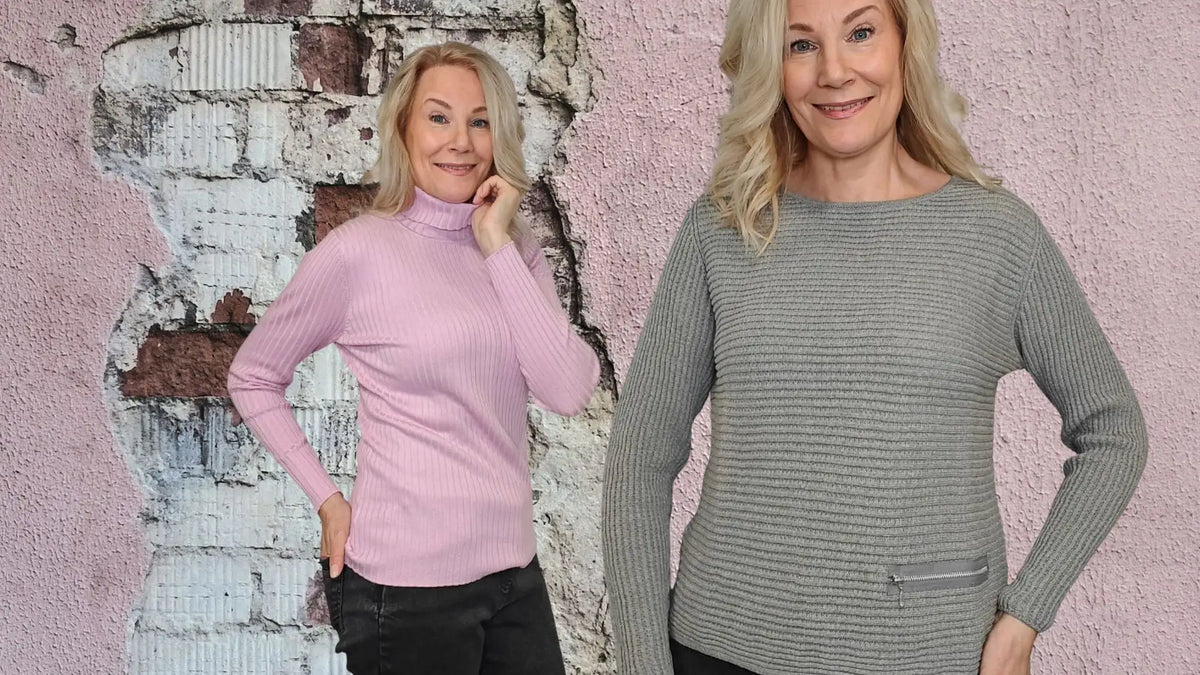 Pehmeän vaaleanpunainen, resorikuvioinen poolopaita pitkähihainen neule.